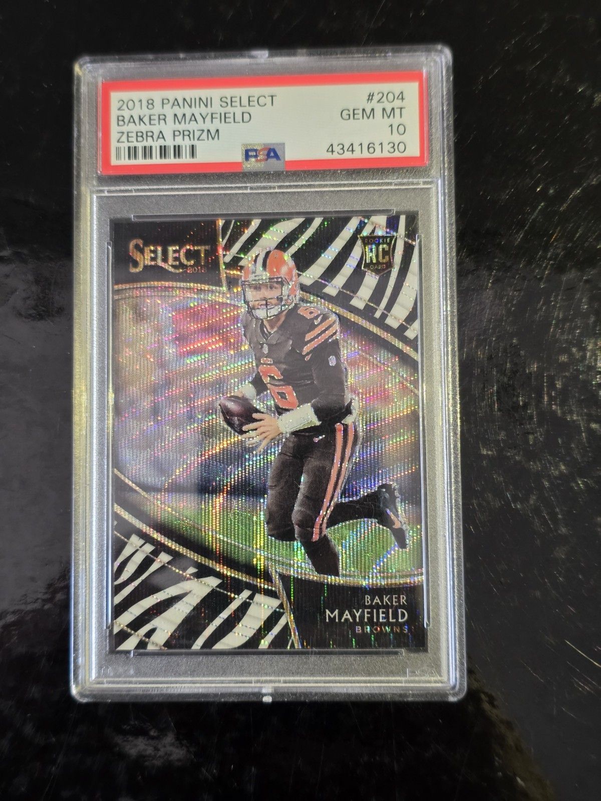 Baker Mayfield, 2018 Select, Field Level #204 Zebra Prizm (RC) PSA 10, POP 9