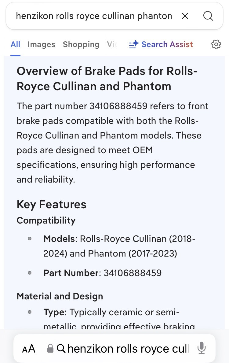 ROLLS ROYCE CULLINAN PHANTOM FRONT BRAKE PADS - HENZIKON 34106888459 NEW In Box