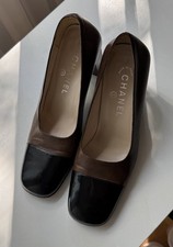 Vintage CHANEL Two Tone Metallic Silver Brown Leather Cap Toe Pumps 36.5/6.5