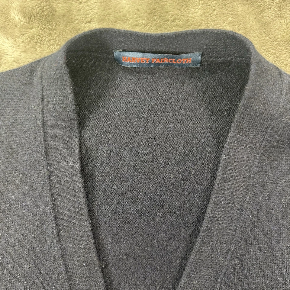 Harvey Faircloth Cardigan Sweater Cashmere Real Leather Fur Elbow Patches M Navy - Image 4 of 4