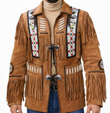 Braun Herren Western Cowboy Wildleder Fransen Jacke Perlen Indianer Leder