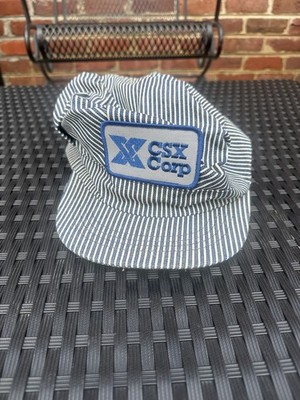 Vintage CSX Corp Blue White Striped Train Conductor Snapback Patch Hat Cap - USA