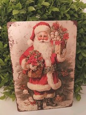 Vtg  Santa Claus Tin Sign Retro Christmas Wall Art Decor 12" X 8" Nostalgic