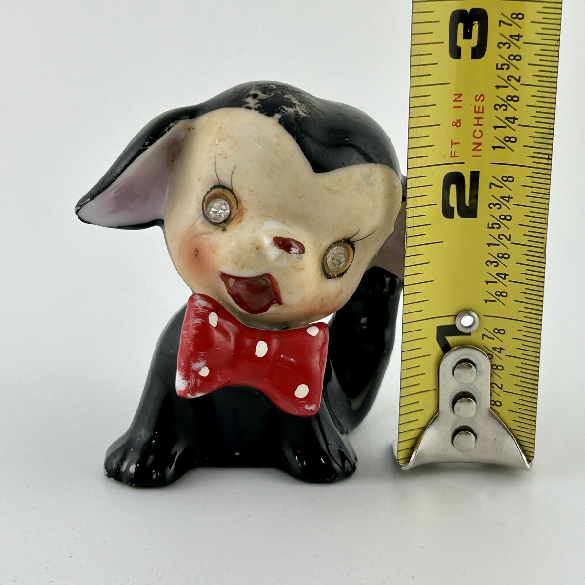 VTG Anthropomorphic Black Cat Rhinestone Eyes Red Bowtie Made In