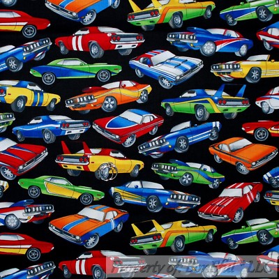 BonEful FABRIC FQ Cotton Quilt Black Red Yellow Blue VTG Classic Sport Car Paint