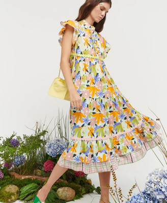 Celia B Seren Midi Dress | Orange Blue Green - Boho Style Size Large