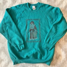 VTG 80s 90s Christmas Santa Claus Sweatshirt Raglan Sleeves Ladies L FOL Green