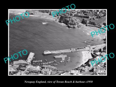 OLD LARGE HISTORIC PHOTO OF NEWQUAY ENGLAND THE HARBOUR & TOWAN BEACH c1950