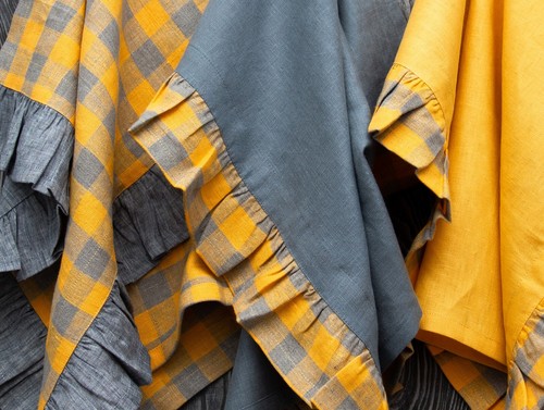 Linen Kitchen Towels Set 3 Ruffled Yellow gray Checked with loop Country cottage - Picture 4 of 18
