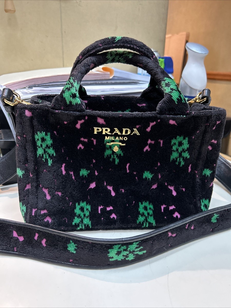 PRADA CANAPA【マニョン】 Prada Canapa Printed Small Black Velvet Tote Shoulder