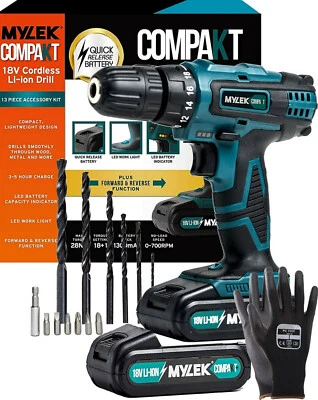 Mylek 18v Cordless With 2 Batteries Drill Set Driver Set Screwdriver Lithium Ion