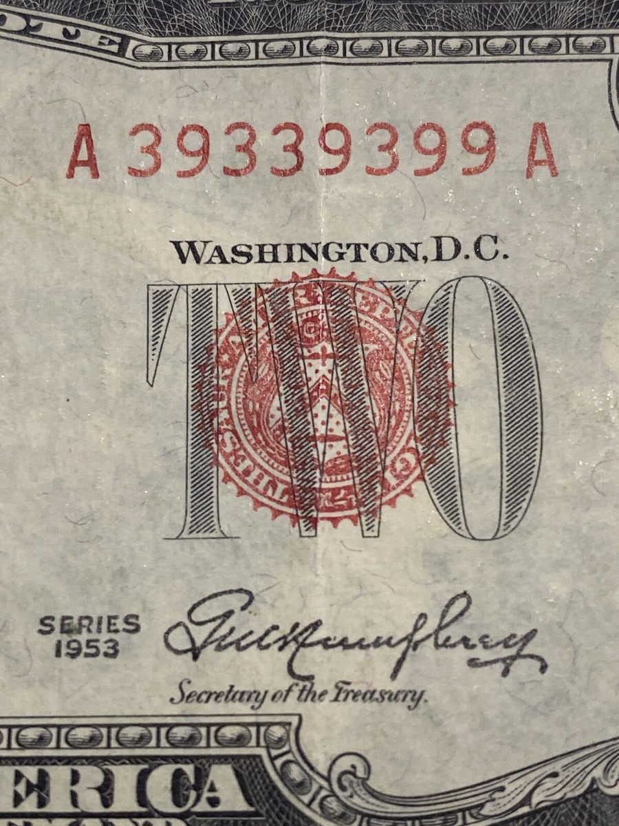 1953 $2 《FANCY BINARY Red Seal NOTE SERIAL # 39339399》 XF！Super