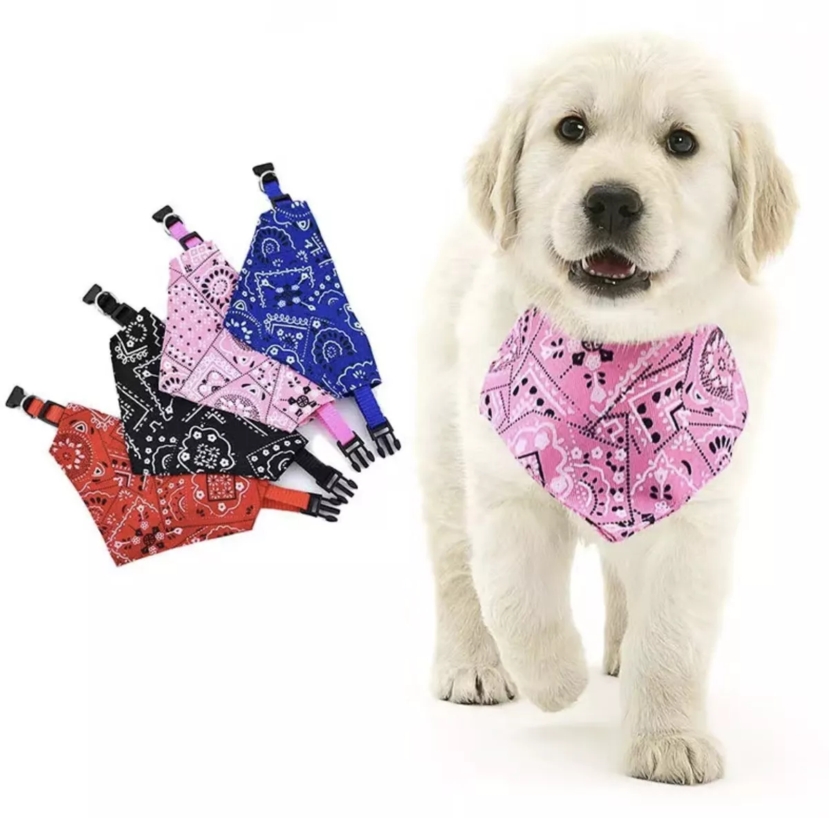 Dog Bandana with Buckle and Clip for Leash Triangle Pet Scarf Pink Medium