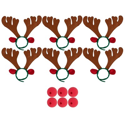 Set of 6 Reindeer Antlers Headband and Red Nose for Kids Holiday Costume
