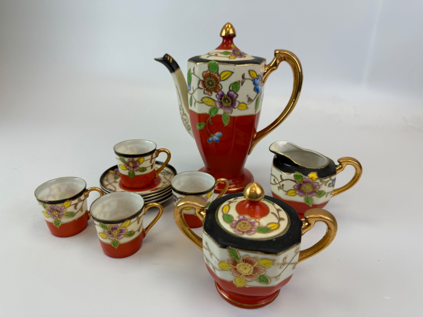 Vintage Antique Japanese Chikaramachi? Black & Orange 14 Piece