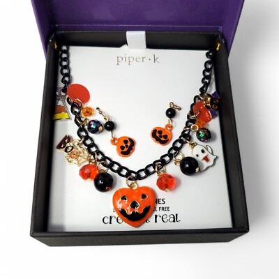 Piper K Halloween Charm Necklace + Earrings Pumpkin Jack O Lantern Ghost Bat