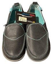Spenco Siesta Slip-on Shoes 26 Leather Upper Turquoise Stitching Black 7M NWT