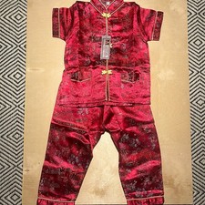 NOS VTG  SHANGHAI CHINA RED FLORAL CHINESE BROCADE 2PC TOP&PANT SET KID'S 4