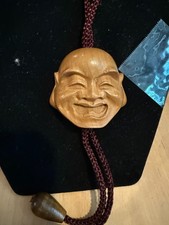 OUTSTANDING HANDCARVED BOXWOOD HAPPY BUDDHA NECKLACE 2" X 2" X .5"
