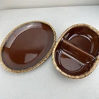 VTG Set Hull H.P. Co Oven Proof Oval Divided & Oval Dish Brown Drip Pottery USA