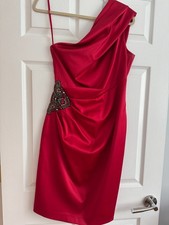 Eliza J Sheath Dress 8 Red Satin One Shoulder Ruched Rhinestone Pencil Party