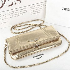 Zadig Voltaire Gold Crinkled Leather Bag Studded Panel Chain 27x4x15cm
