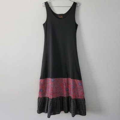 Ian Mosh Black Tank Plaid Floral Layered Ruffle Hem Cotton Midi Dress Size 2
