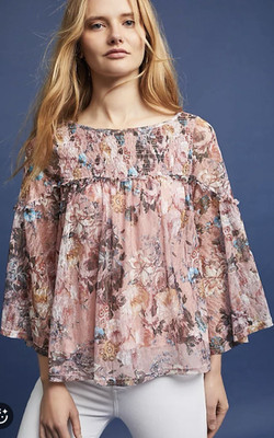 Akemi + Kin Pink Floral Lace Ruffle Bell Sleeve Tunic Blouse Women's Size L 