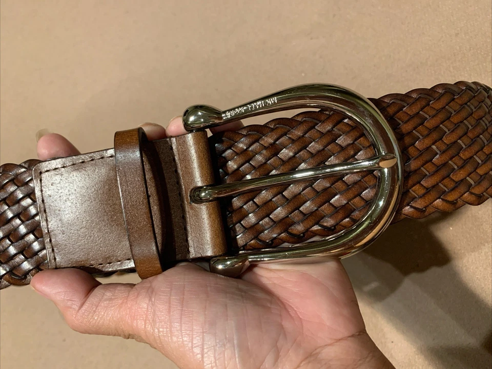 EXCELENTE ESTADO-Michael Kors Cinturón Ancho Tejido Cuero Marrón PEQUEÑO Metal Plateado Foto 3 de 4