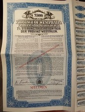 Germany 1926 Province Westphalia 500 Sterling Coupons SPECIMEN Bond Loan