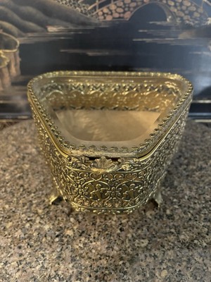 Vtg Ornate Hollywood Regency Brass Filigree Jewelry Box Beveled Glass Ormolu