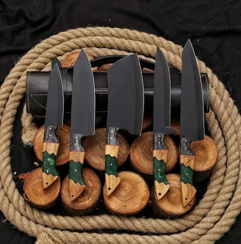 5PCS Powder Coated Stainless Steel Chef Knife Set Kitchen Knives w/ Leather S