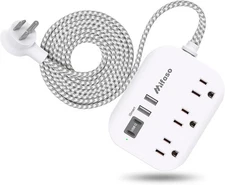 5Ft Flat Extension Cord with Multiple Outlets, USB Charging Station for Travel