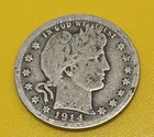1914 D Barber Quarter 25C USA Coin 90% Silver Denver Mint Fair Condition
