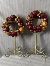 Pair of 10" Shatterproof Christmas Ornament Wreaths w/Stands Burgandy  Gold