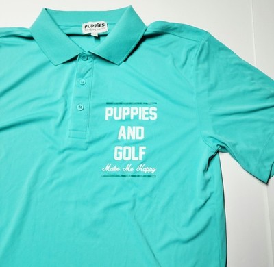 Puppies Make Me Happy Polo Shirt Mens Medium M Teal Puppies and Golf Performance