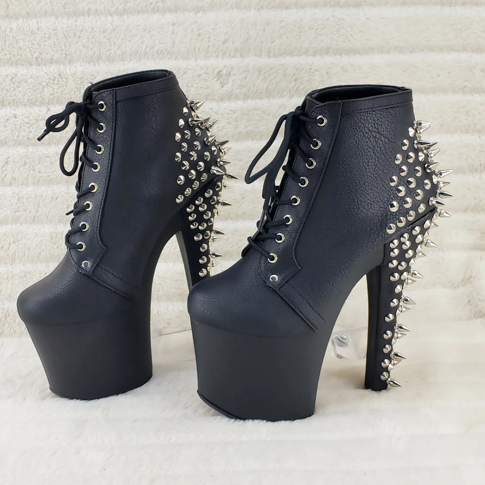 Fearless 700-28 Black 7" Spiked Stud High Heel Platform Ankle Boots In House - Image 2 of 4