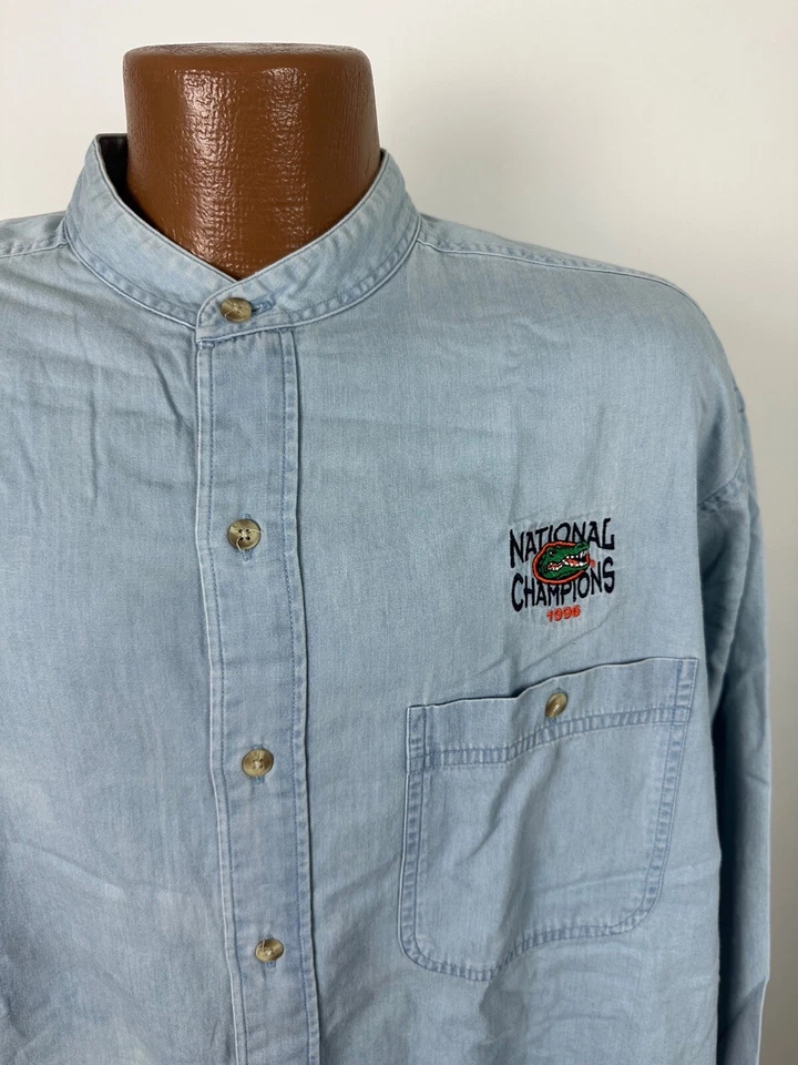 Vintage 90s Florida Gators Chambray Band Collar Shirt Men Large Gear for Sports - Image 2 of 4