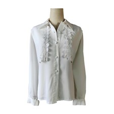 VINTAGE Top - 80s Shirt Retro White Floral Lace Button Long Sleeves Cuffs 16/XL