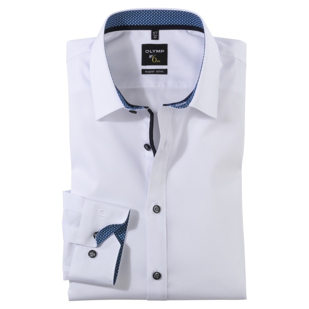 Olymp Men Super Slim Shirt No. 6 White Plain 077464 18 Navy
