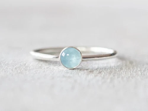Thin Silver Aquamarine Ring, Dainty Silver Ring, Small Gemstone Bezel Ring,