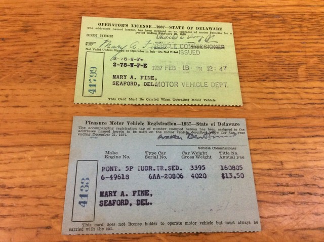 1937 Delaware Driver's License and Pleasure Motor Vehicle Registration
