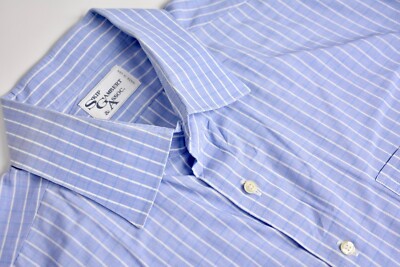 Skip Gambert & Assoc. Blue/White Checked Point Collar Dress Shirt Size: 17.5/34