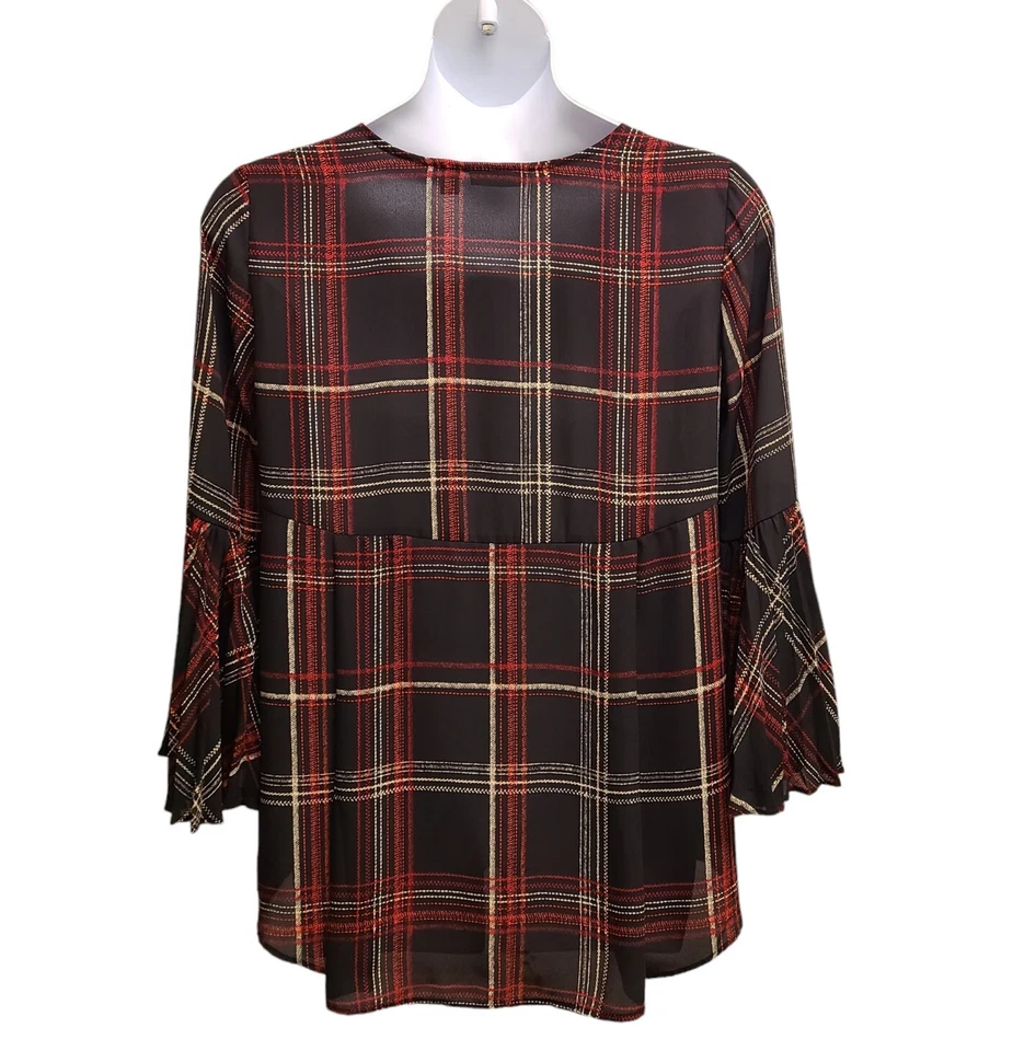 Top Susan Graver para mujer talla 10 negro a cuadros plisado manga campana semi transparente Foto 2 de 4