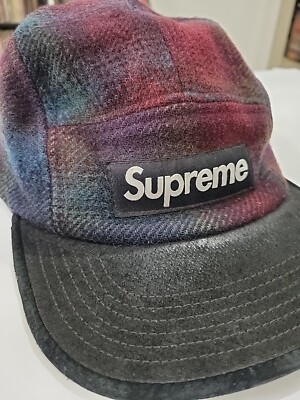 🔥 VTG Supreme Woolrich Tweed Leather Brim Red Blue 5 Panel