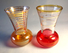 Vintage Glass Vases w Gold Rings on Neck & Rose-Gold Bulb Bases 2-Mid Century