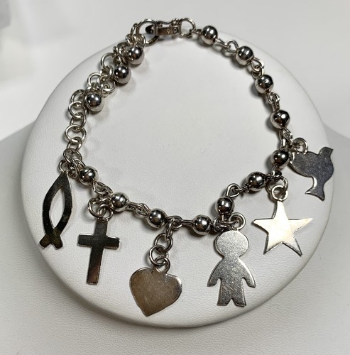 Pulsera Vintage Plata de Ley 950 Cruz y Dije Familia Cristiana 12.4gr! - Imagen 2 de 12