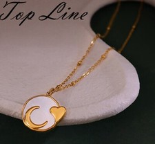 Women Gold Moon Heart Round Titanium Stainless Steel Pendant Necklace 16-18"