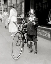 Boy with a Bicycle, 1922. Vintage Photo Reproduction Print. 4x6