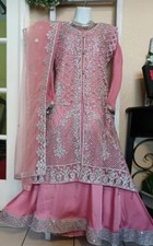 Pakistani Wedding Gown Long Heavy Silver work 4piece Dress W Pants Partywear